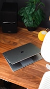 A wooden desk with a partially open laptop displaying the Microsoft logo, a black speaker, a green potted plant with broad leaves, and a small, yellow speaker. There is also a modern office chair partially visible in the foreground.