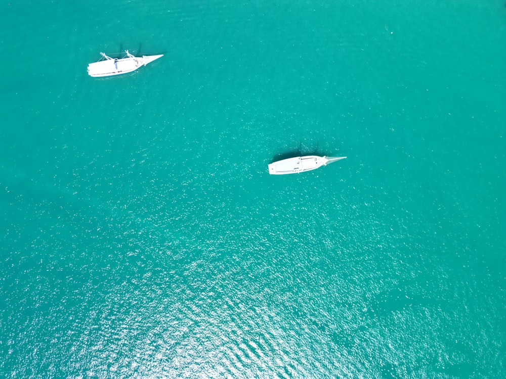 um par de barcos flutuando em cima de um grande corpo de água