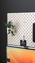 A pegboard mounted on a dark wall featuring a small potted plant, a spiral notebook, and a field notes booklet. Below the pegboard is the top part of a computer monitor displaying a warm-toned wallpaper.