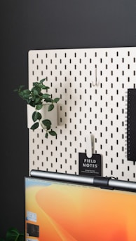 A pegboard mounted on a dark wall featuring a small potted plant, a spiral notebook, and a field notes booklet. Below the pegboard is the top part of a computer monitor displaying a warm-toned wallpaper.