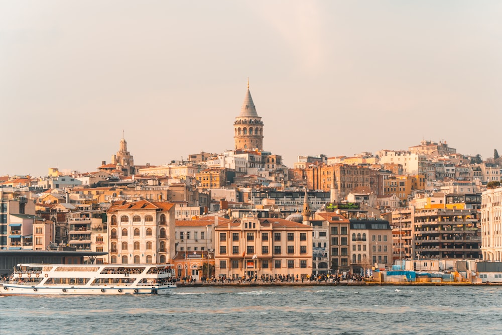 a large body of water with a city in the background