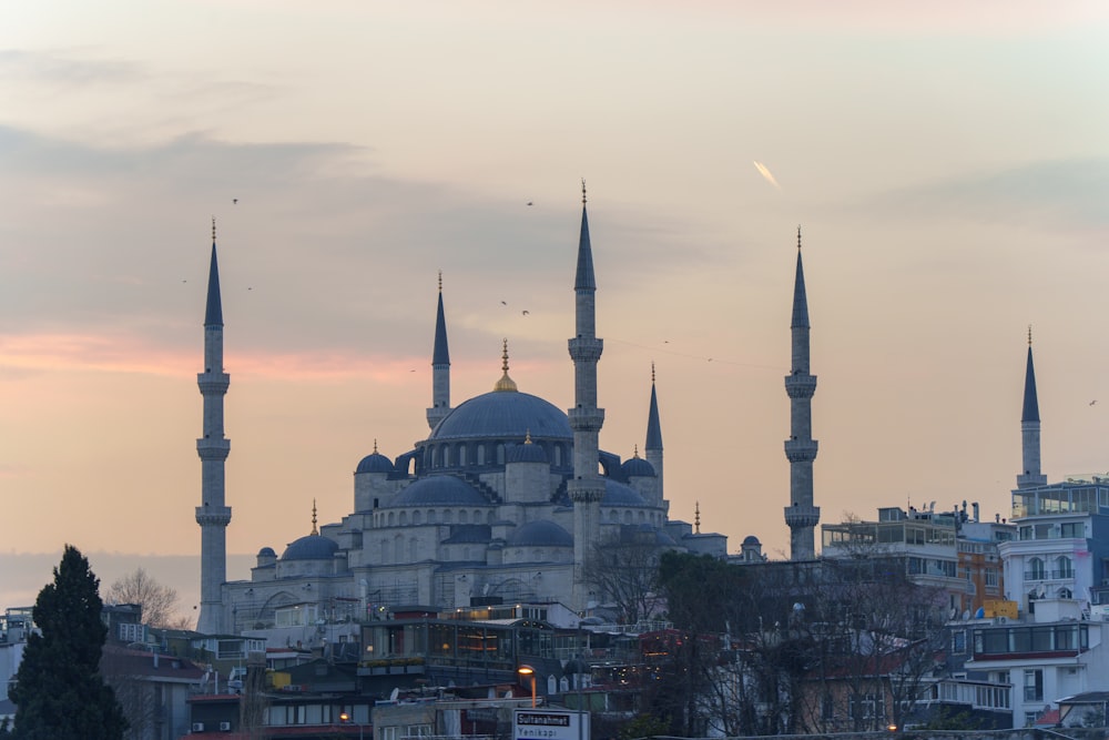 a view of a large building with many spires