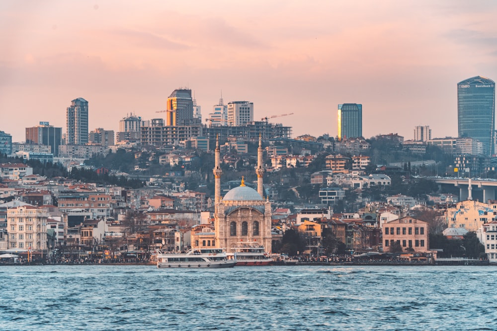 a large body of water with a city in the background