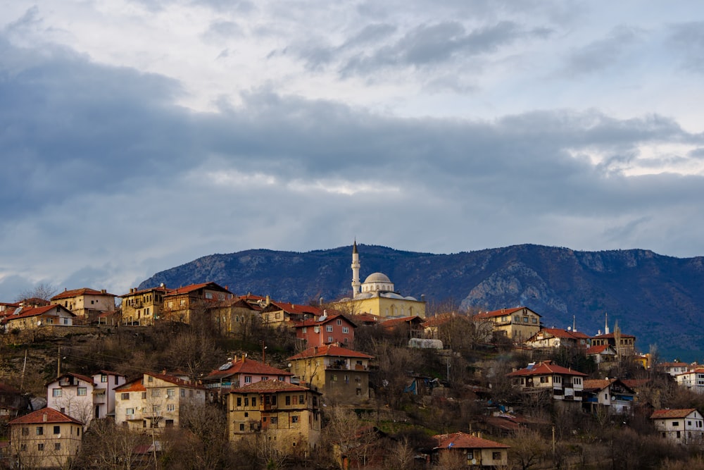 a small village on a hill with a church on top