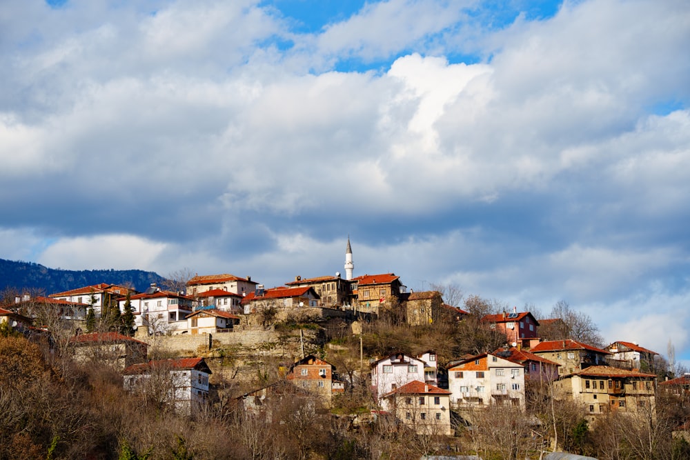 a small village on a hill with a church on top