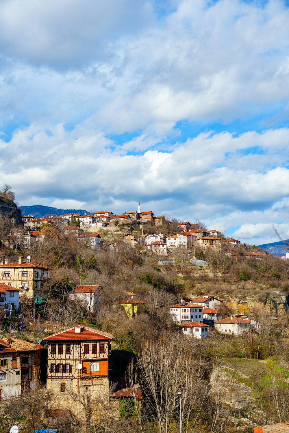 a small village on a hill with a sky background