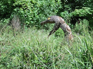 A woven sculpture resembling a creature with an elongated neck and yellow eyes is nestled among dense greenery and tall grass. The sculpture appears to be made of natural materials, blending with the surrounding lush vegetation.