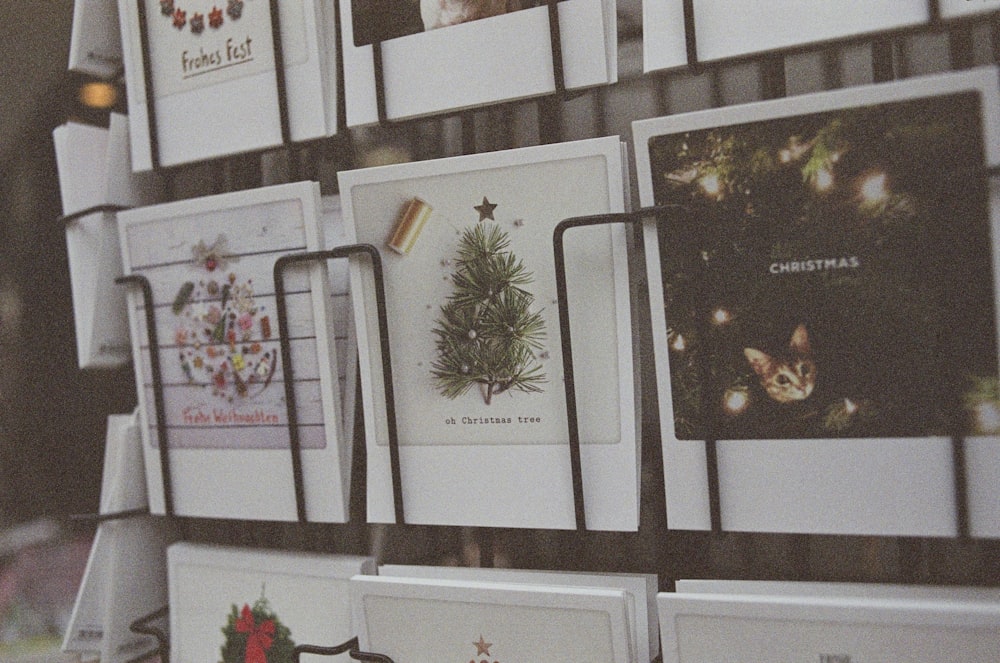 a display of christmas cards on a wall