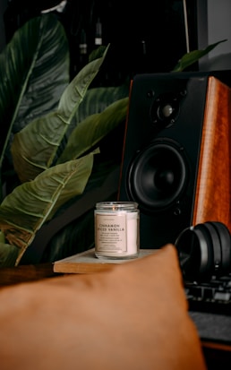 A candle labeled 'Cinnamon Spiced Vanilla' is placed on a small wooden platform. Behind it, there is a large wooden speaker. To the right, partially visible, is a pair of black headphones. Large green leaves are also visible, suggesting a plant nearby. The overall setting seems to be cozy and warmly lit.