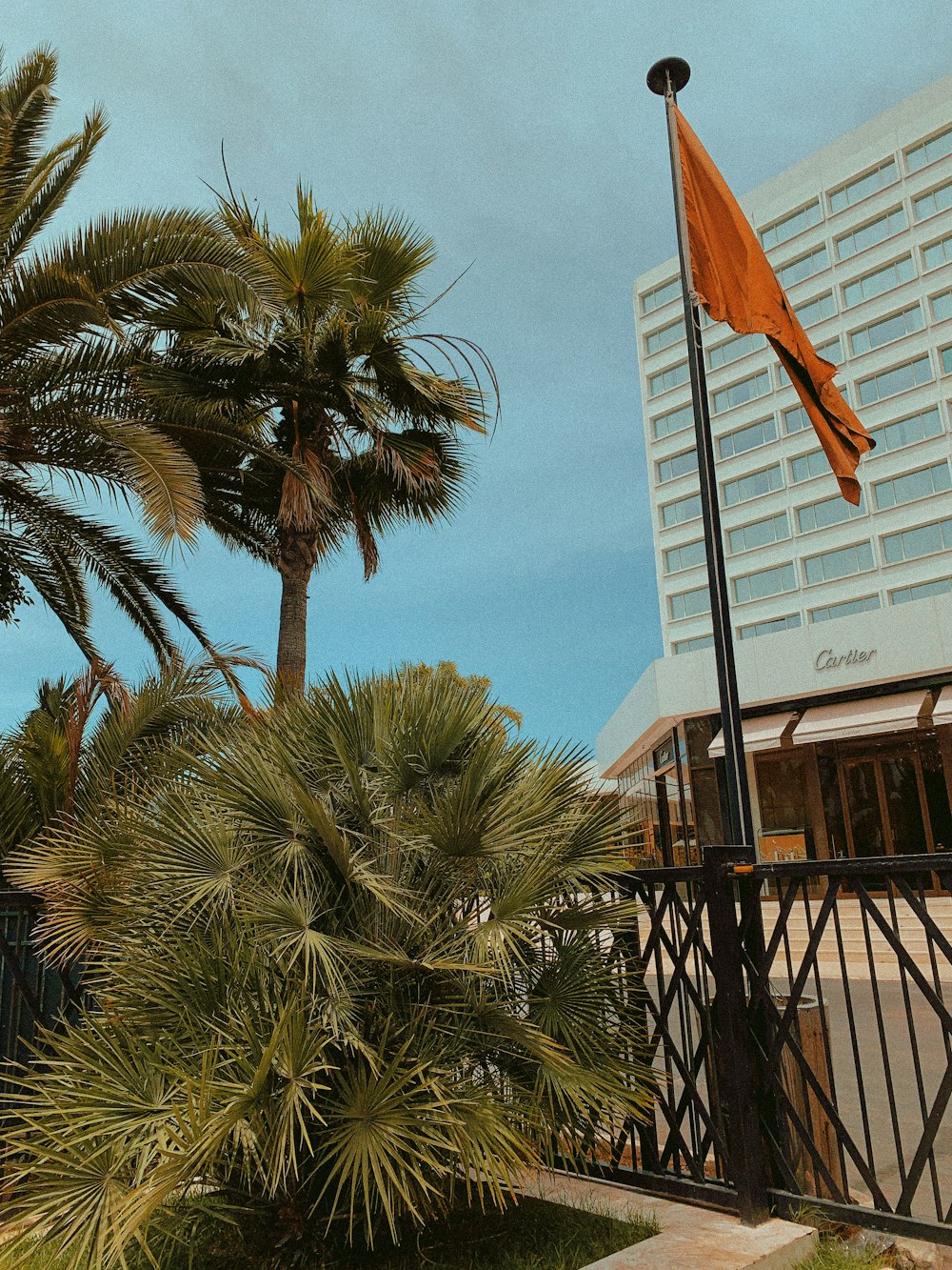 a tall building with palm trees in front of it