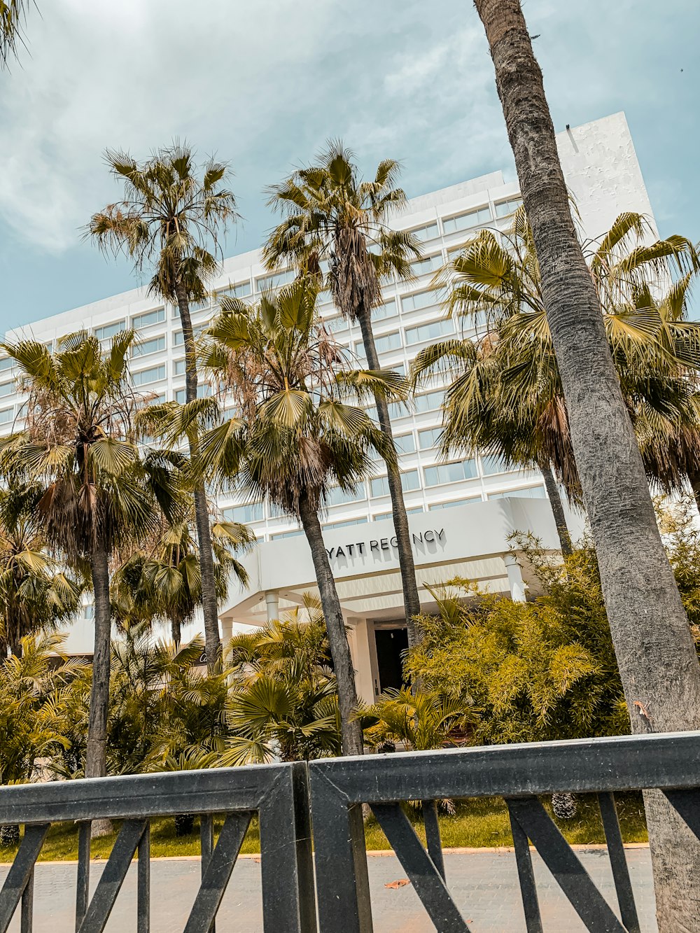 a tall building with palm trees in front of it