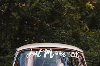 A classic black car with a 'Just Married' sign, surrounded by joyful guests throwing confetti.