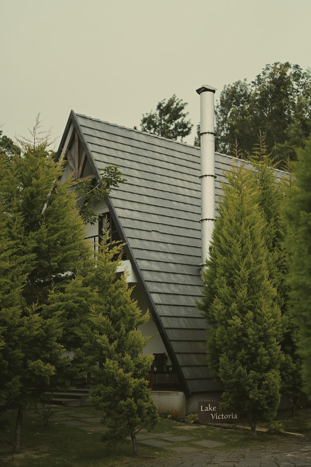 a house with a black roof surrounded by trees