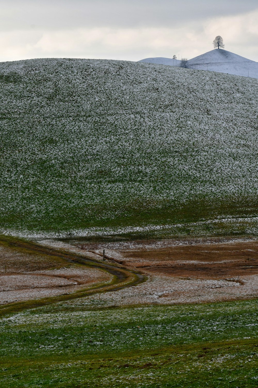 a hill covered in snow next to a road