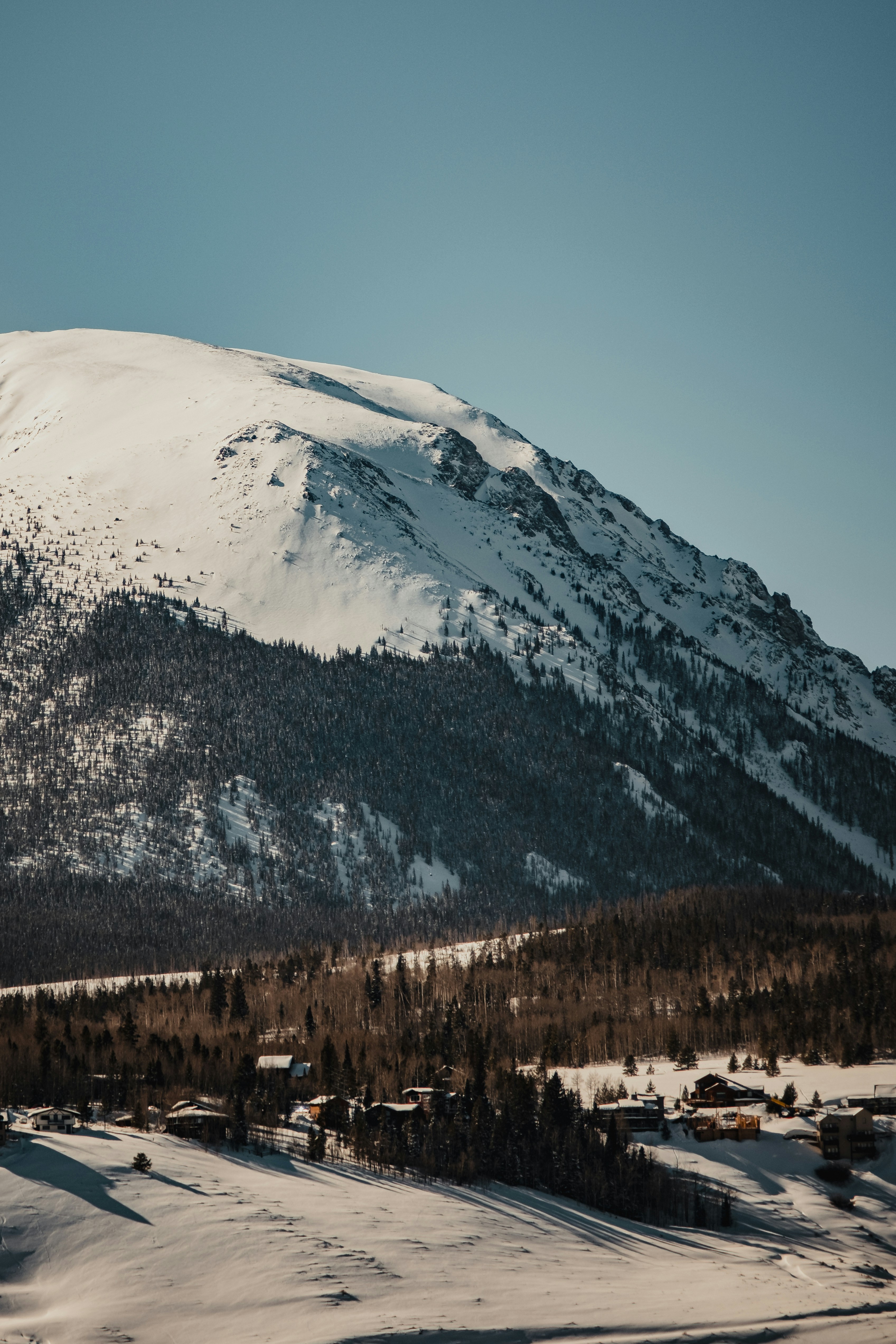 雪に覆われた山、横に木々
