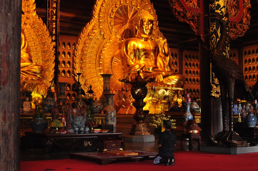 a person sitting on a red carpet in a room