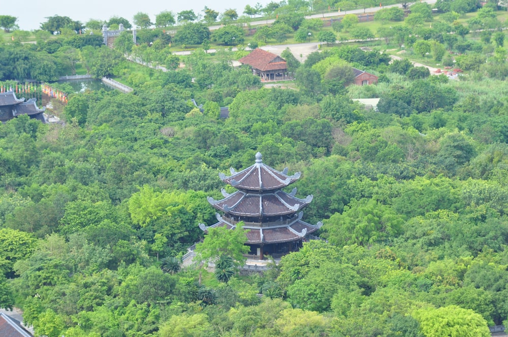 uma vista de um pagode no meio de uma floresta