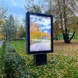 A vibrant billboard showcasing a colorful autumn-themed marketing campaign in a busy city street.