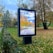 A digital billboard stands in a park displaying an autumn scene of a path lined with trees whose leaves are turning yellow. Surrounding the billboard, the park features green grass, a few scattered fallen leaves, trimmed hedges, and tall trees with orange and yellow foliage. The sky is partly cloudy, casting soft light over the area.