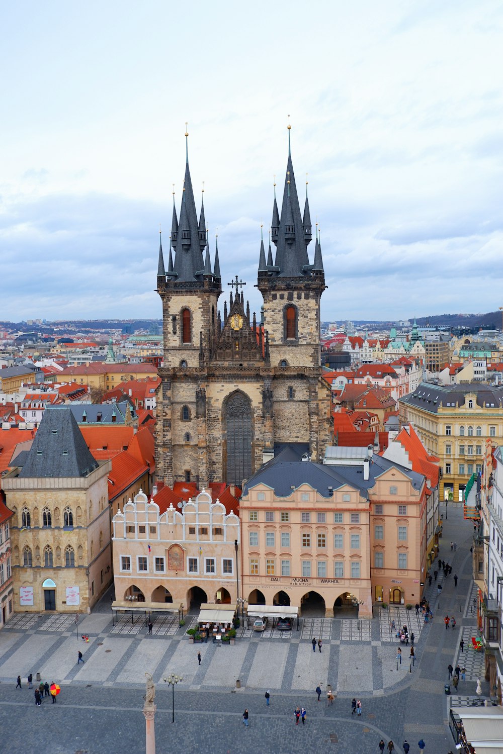 an aerial view of a city with old buildings