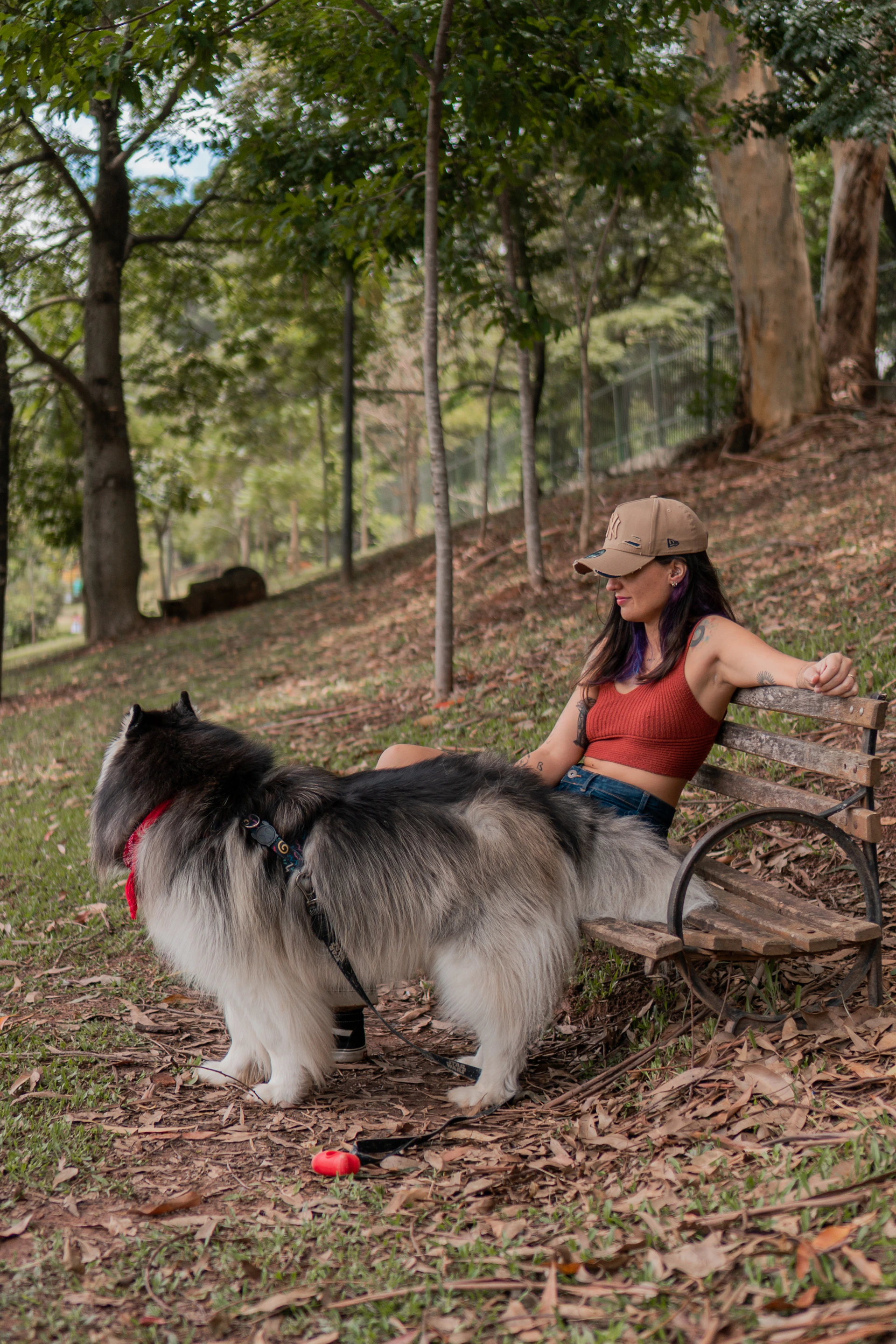 a woman sitting on a bench with a dog