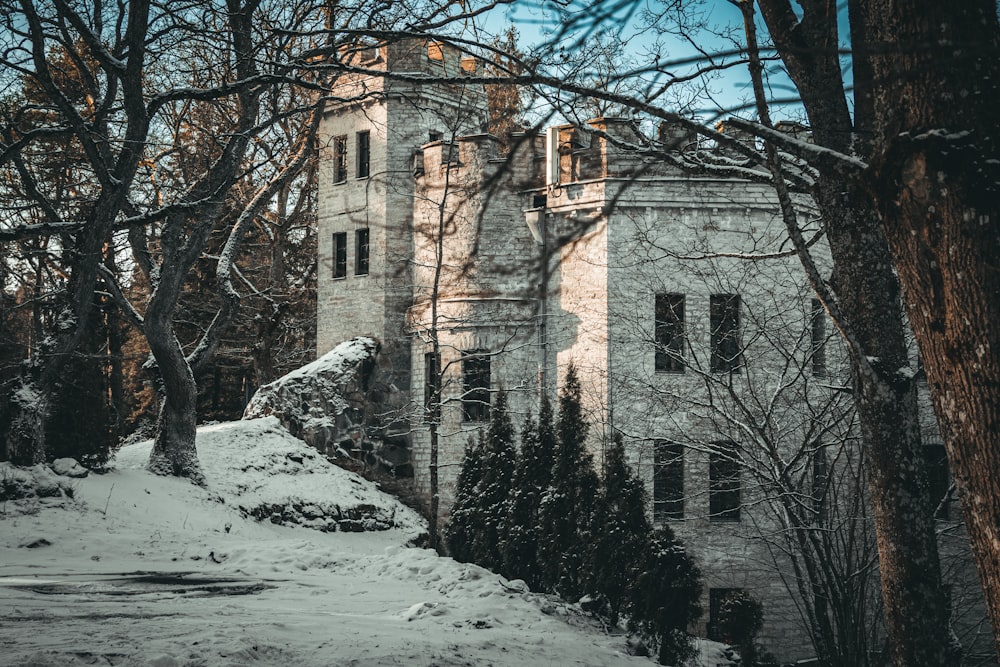 a large white building surrounded by trees and snow