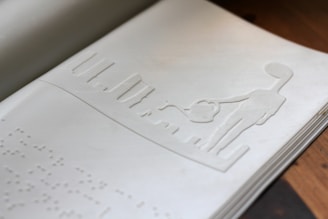 A page from a tactile book is presented, featuring a raised illustration of a person holding a watering can, seemingly in an abstract style. The page includes textured illustrations, possibly intended for visually impaired readers, and Braille text at the bottom left corner.