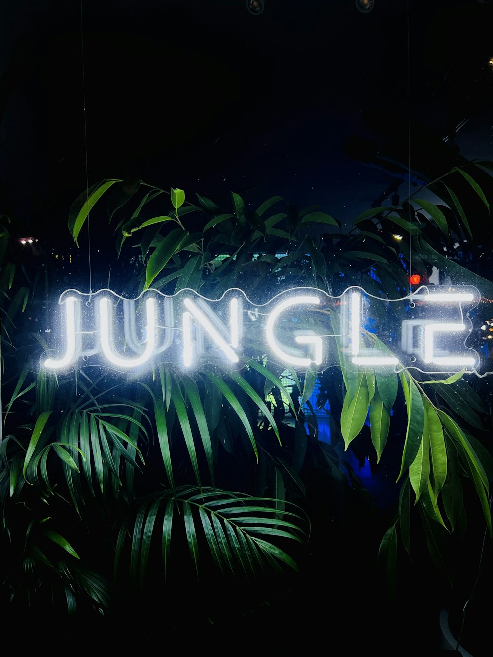 a neon sign that reads jungle in front of some plants