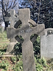 A weathered stone cross with the words 'AT REST' engraved on it stands prominently in a cemetery. The background features another cross and a traditional headstone surrounded by overgrown greenery and trees with bare branches.