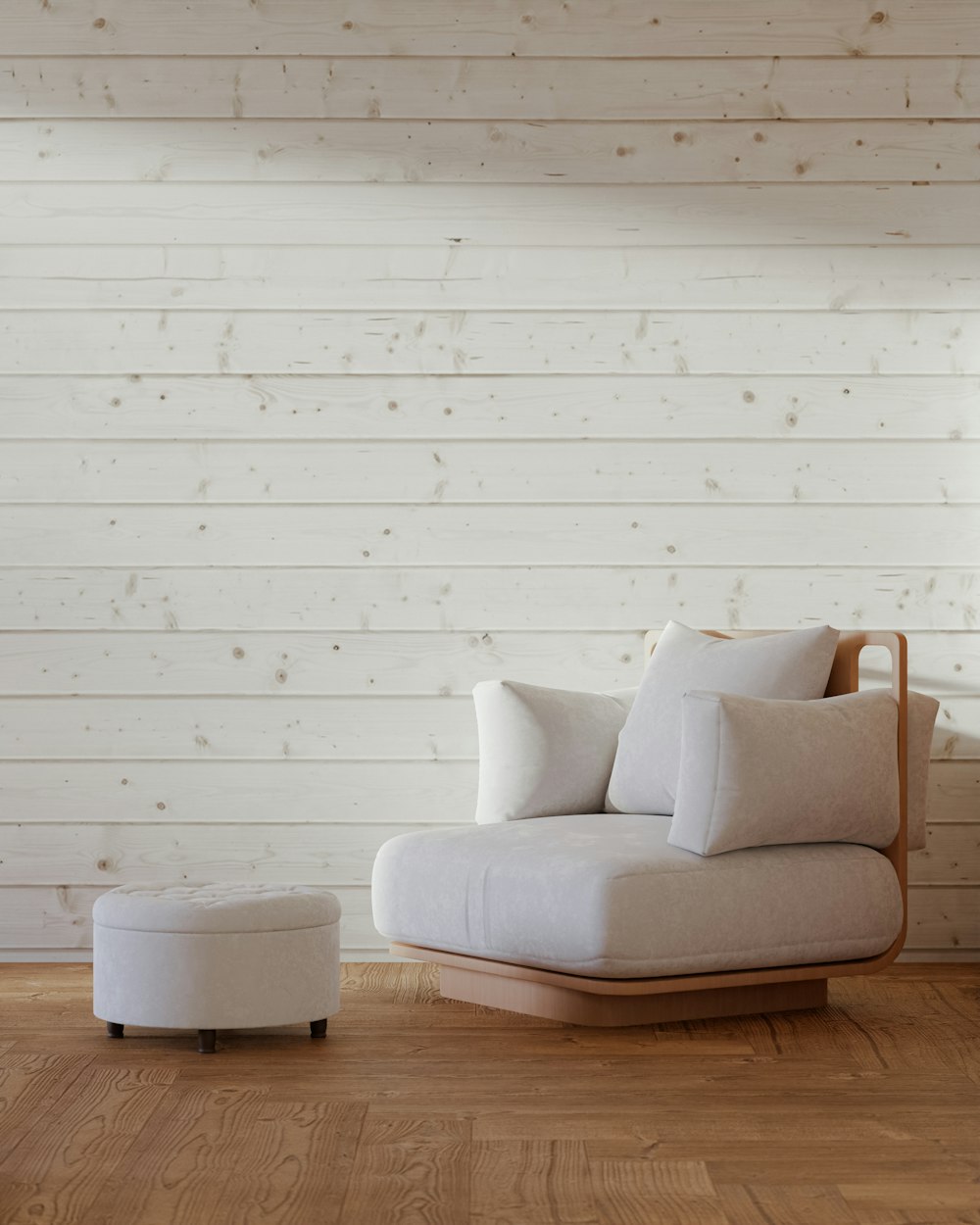 a living room with a chair and ottoman