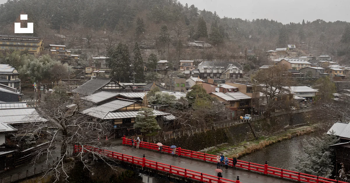 Japanese Cities Bridge Rural A red bridge over a river in a small town photo – Free Japan Image on ...
