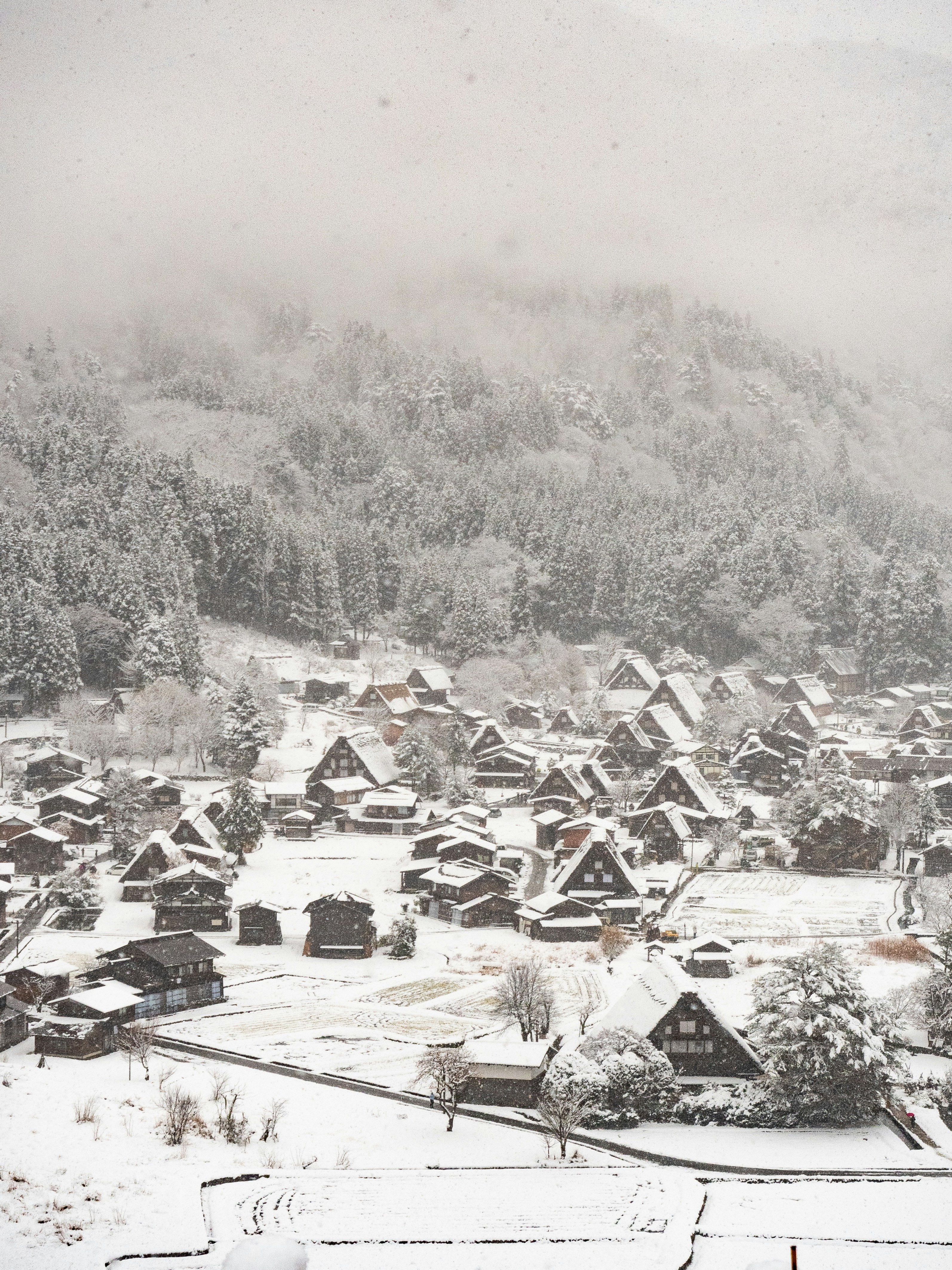 a snow covered village with mountains in the background