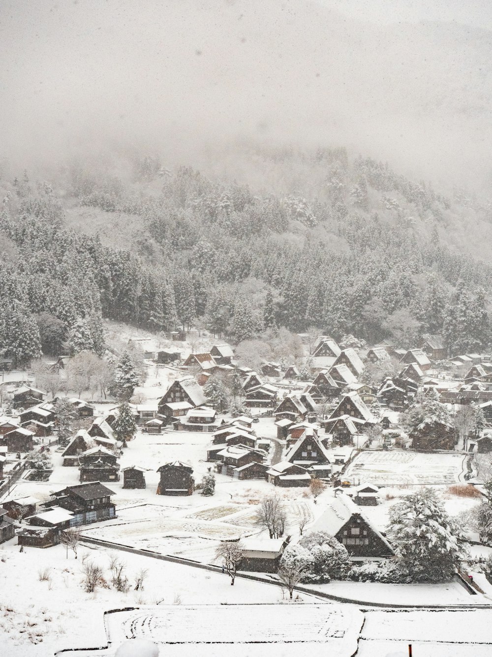 a snow covered village with mountains in the background