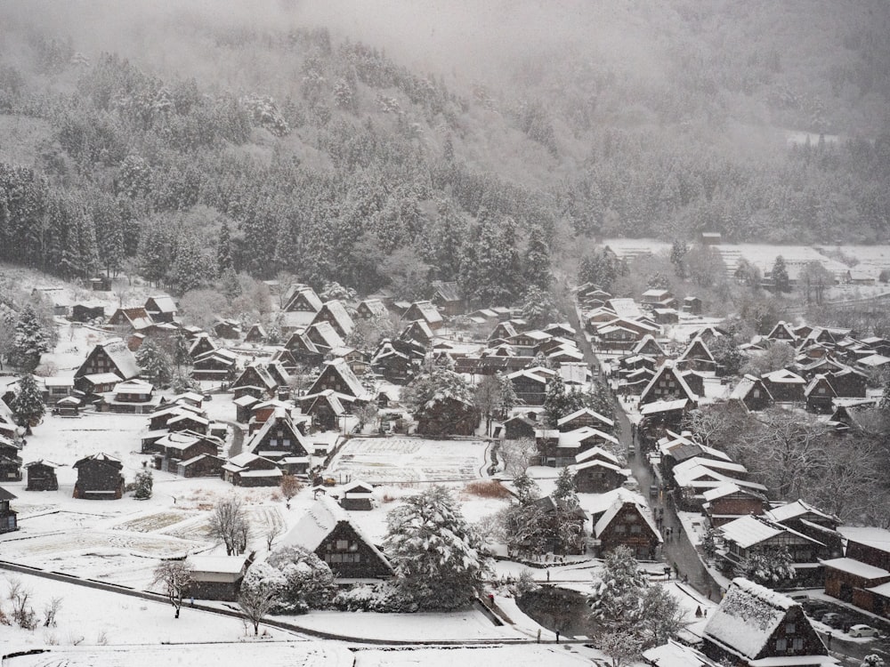 uma aldeia coberta de neve com uma montanha ao fundo