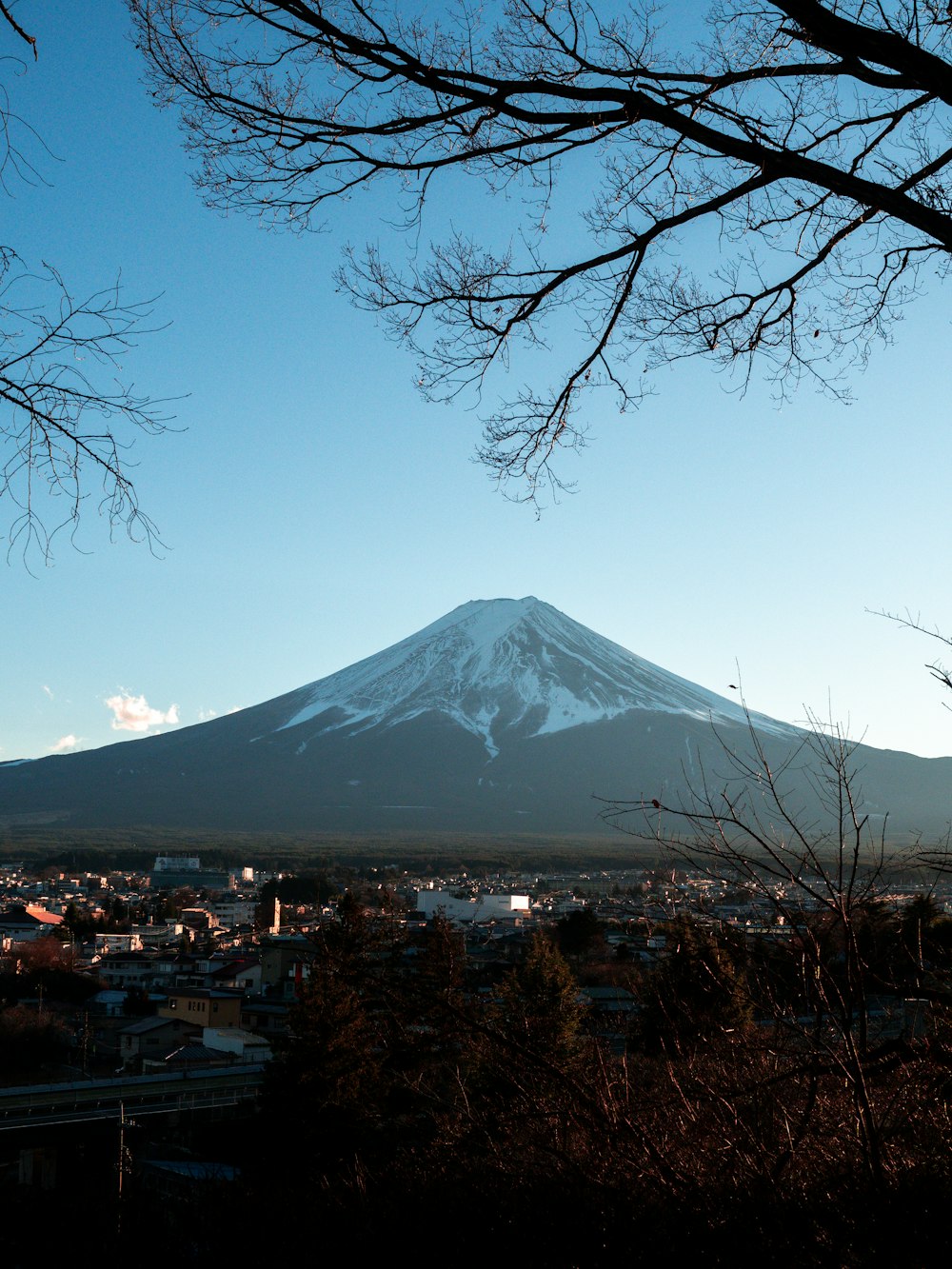 a view of a snow covered mountain in the distance