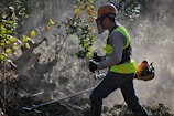A worker wearing a hard hat and high-visibility vest operates machinery in a forested area. Surrounding foliage and branches are visible, with sunlight filtering through, creating a misty atmosphere.