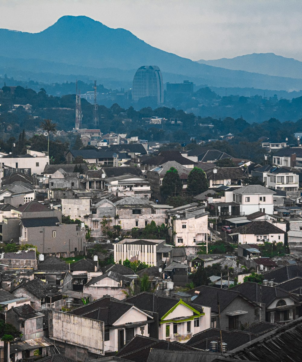 a view of a city with mountains in the background