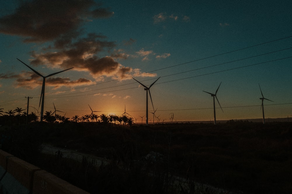 the sun is setting behind a row of windmills