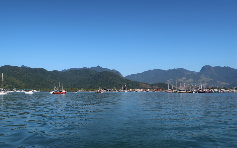 a group of boats floating on top of a body of water