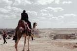 Close-up of a smiling traveler enjoying a camel ride, desert landscape stretching behind.