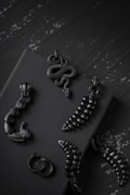 A collection of dark, intricately detailed jewelry pieces is arranged on a textured surface. The jewelry includes serpentine designs and other organic forms in a matte black finish.