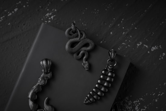 A collection of intricately designed black pendants rests on a dark surface, featuring elements like a coiled snake and segmented shapes reminiscent of marine life or plants.