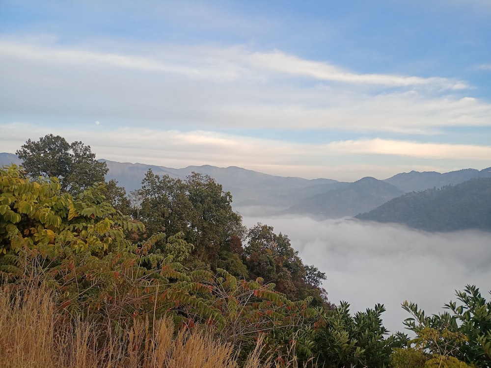 a view of a mountain range with low lying clouds