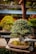 A carefully sculpted bonsai tree sits in a rectangular ceramic pot, its roots covered with a layer of moss. The tree is full of dense green foliage with small leaves and is placed on a wooden table. In the background, other trees and garden elements can be seen out of focus.