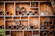 Wooden structure contains multiple hexagonal compartments, each filled with various natural materials like bamboo sticks and twigs, suggesting a habitat or nesting area for insects. The background is a rustic wooden surface, adding to the natural and earthy feel.