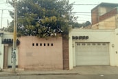 A street view featuring a residential facade with a large garage door and a small section of wall with square openings. A lush tree is visible above the wall, providing a touch of greenery. An adjacent lamp post has a poster attached, and various overhead cables are strung across the scene.