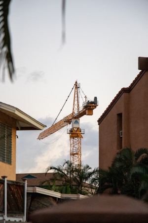 A yellow tower crane stands prominently against a backdrop of a partly cloudy sky. It is situated among brown and beige buildings with tiled roofs and surrounded by palm trees. The crane's arm extends horizontally, and various construction elements are visible. The scene has a tranquil evening atmosphere with soft lighting.