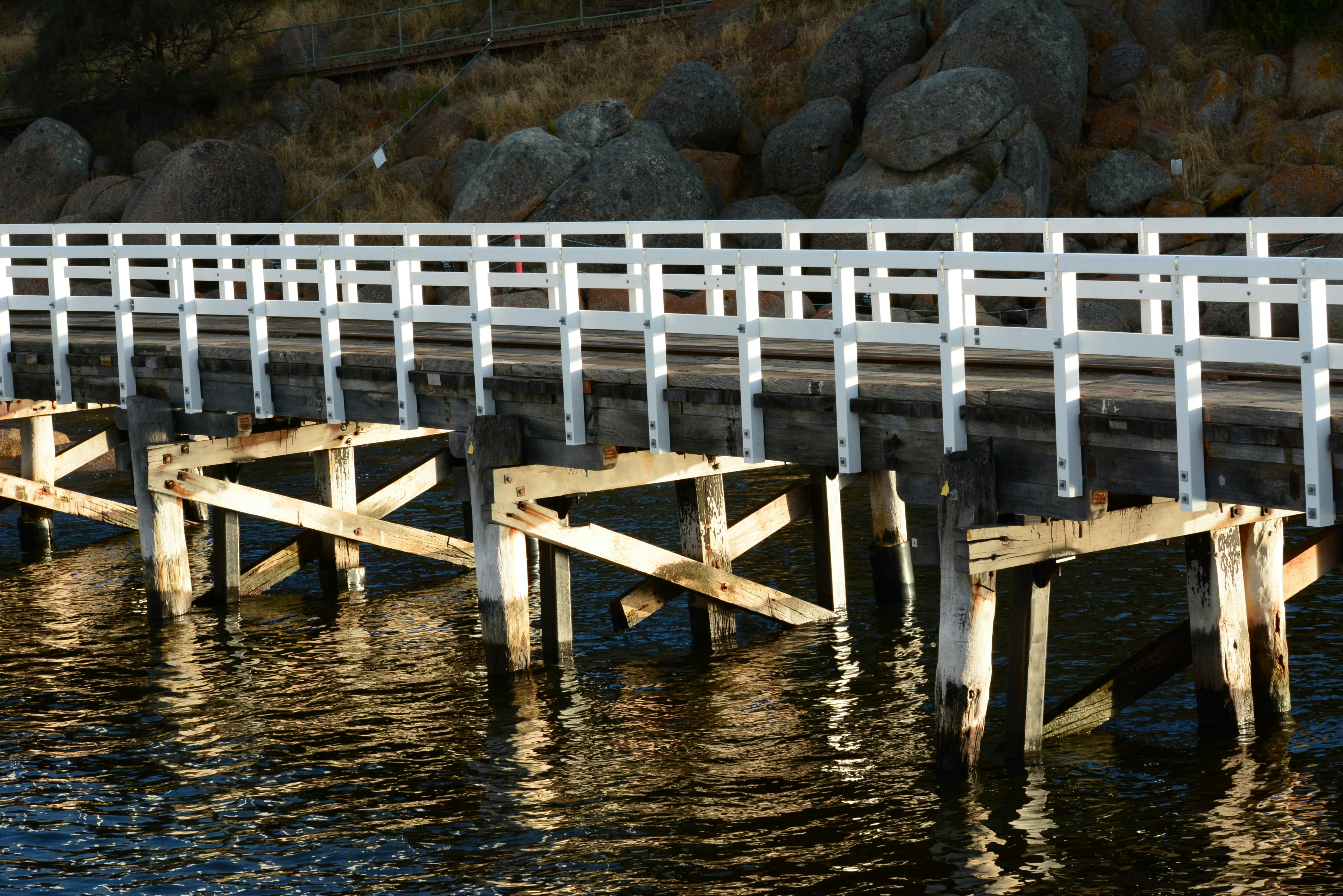 un ponte di legno bianco su uno specchio d'acqua