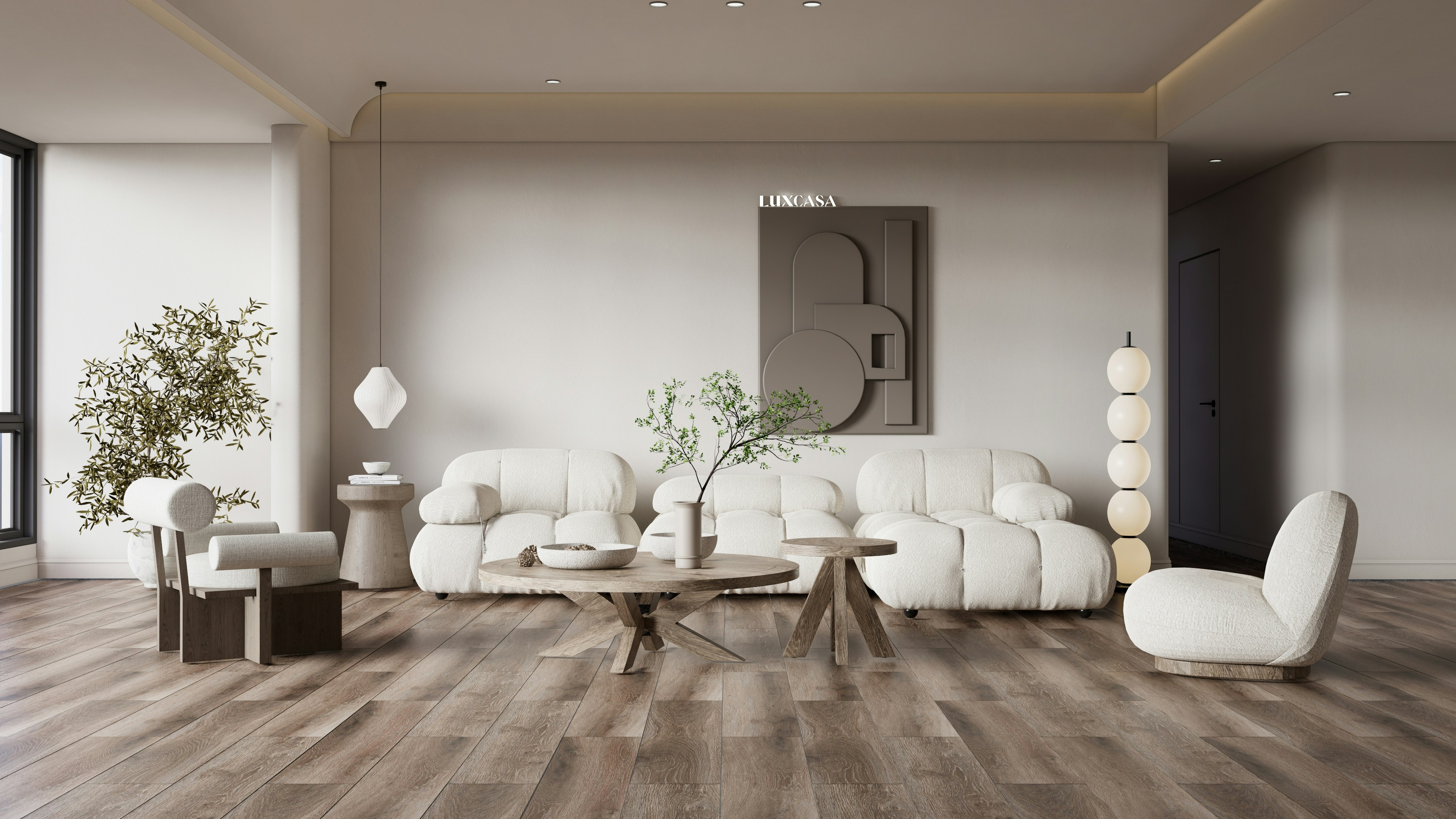 Modern living room blending contemporary furniture with vintage accessories, warm wood accents, and soft natural light