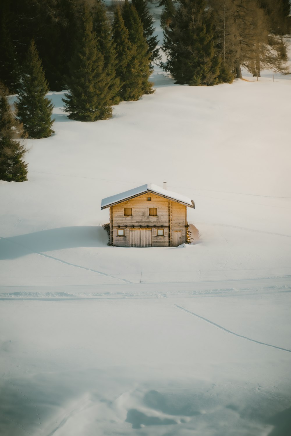 Eine kleine Hütte inmitten eines verschneiten Feldes